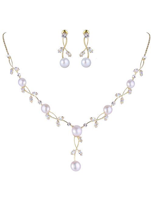 EVER FAITH CZ Crystal Cream Simulated Pearl Floral Vine Filigree Necklace Earrings Set