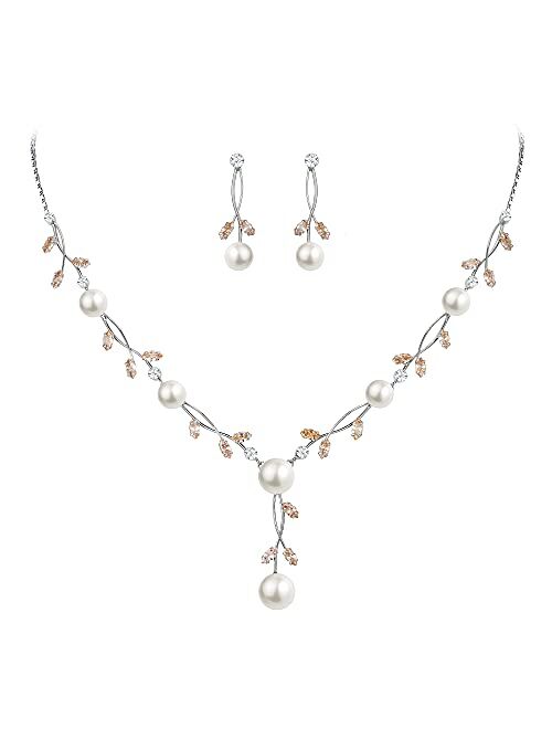 EVER FAITH CZ Crystal Cream Simulated Pearl Floral Vine Filigree Necklace Earrings Set