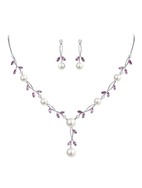 EVER FAITH CZ Crystal Cream Simulated Pearl Floral Vine Filigree Necklace Earrings Set