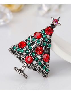 Streetregion Red Cubic Zircon & Silvertone Christmas Tree Brooch