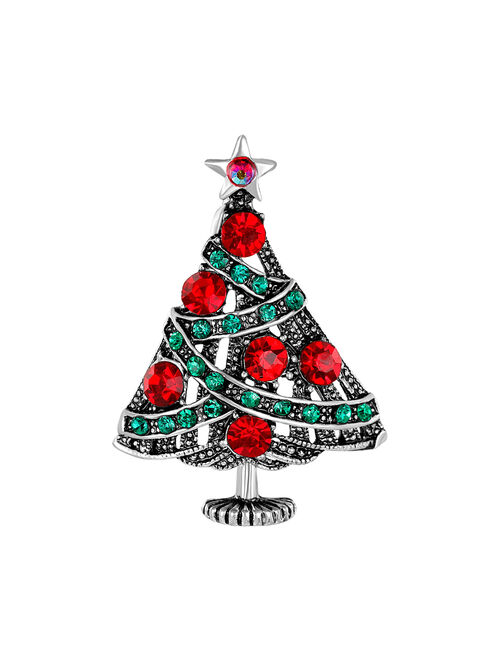 Streetregion Red Cubic Zircon & Silvertone Christmas Tree Brooch