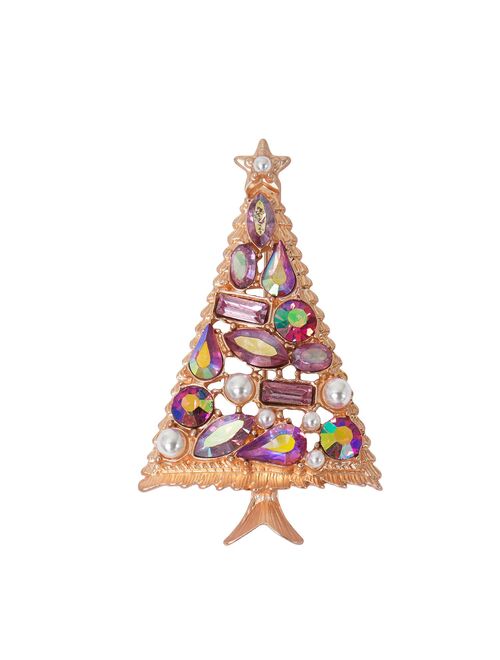 Rose-Gold Tone Multi-Stone Christmas Tree Pin