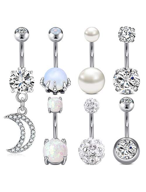 MODRSA Belly Button Rings Surgical Steel Belly Rings Opal Pearl Diamond Stainless Steel Navel Rings Silver Rose Gold Dangle Moon Navel Piercing Jewelry for Women