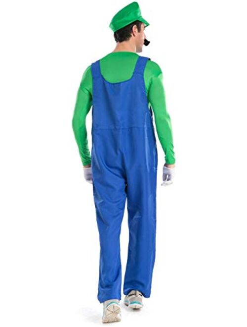 Super Mario Luigi Halloween Costume Classic Super Mario Brothers Fancy Dress Costume for Halloween Christmas Party Cosplay(Red, L)