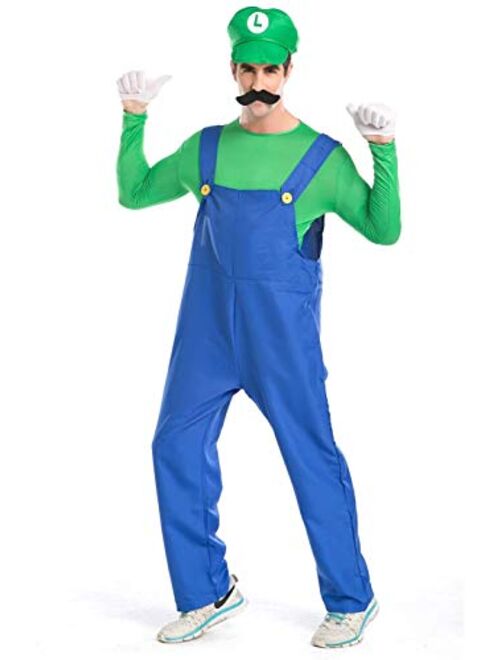 Super Mario Luigi Halloween Costume Classic Super Mario Brothers Fancy Dress Costume for Halloween Christmas Party Cosplay(Red, L)