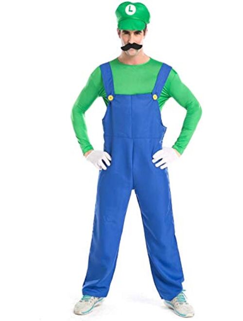 Super Mario Luigi Halloween Costume Classic Super Mario Brothers Fancy Dress Costume for Halloween Christmas Party Cosplay(Red, L)