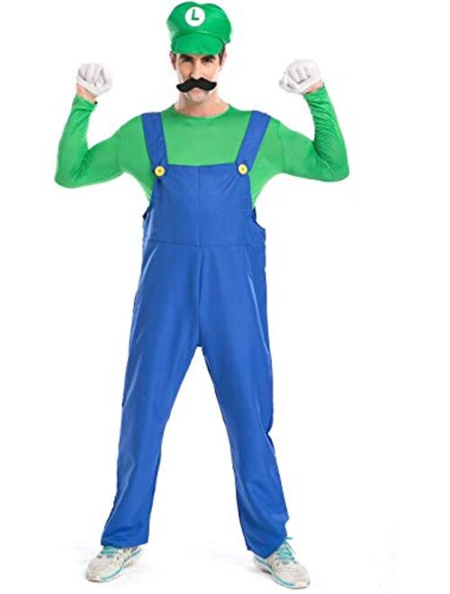 Super Mario Luigi Halloween Costume Classic Super Mario Brothers Fancy Dress Costume for Halloween Christmas Party Cosplay(Red, L)