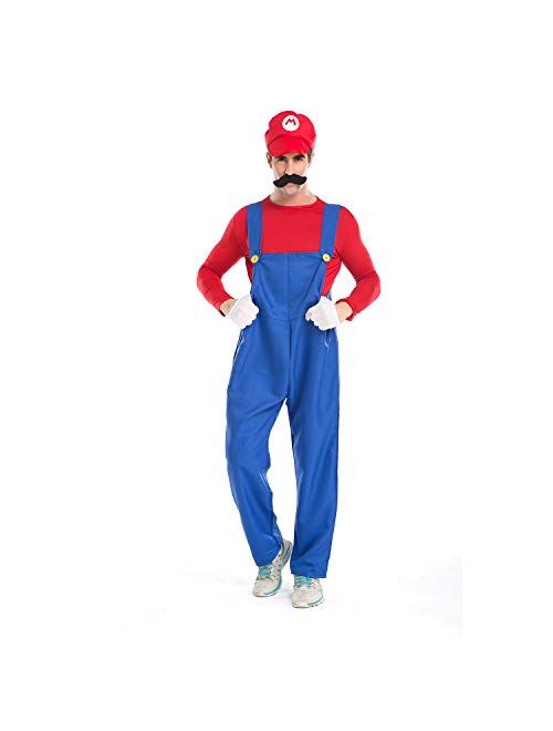 Super Mario Luigi Halloween Costume Classic Super Mario Brothers Fancy Dress Costume for Halloween Christmas Party Cosplay(Red, L)