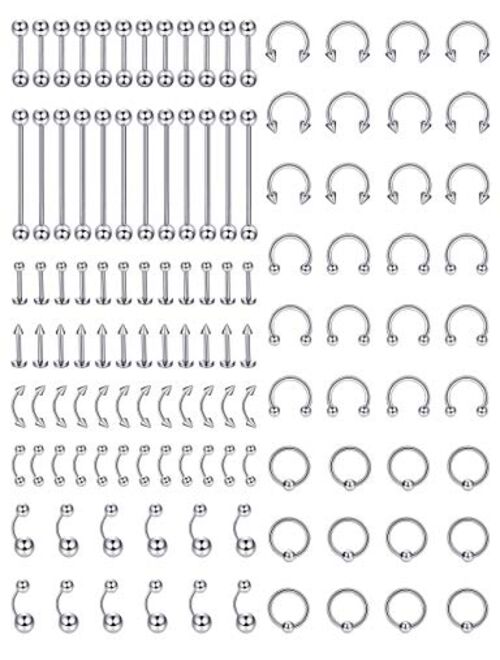 Jstyle 120Pcs Body Jewelry Piercing Lot Stainless Steel Nose Horseshoe Lip Tongue Eyebrow Tragus Body Piercing Navel Belly Ring Barbells 14G-16G