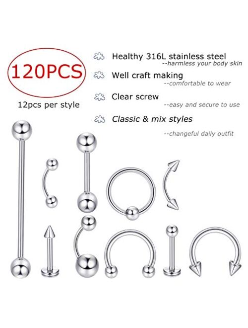 Jstyle 120Pcs Body Jewelry Piercing Lot Stainless Steel Nose Horseshoe Lip Tongue Eyebrow Tragus Body Piercing Navel Belly Ring Barbells 14G-16G