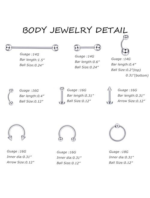 Jstyle 120Pcs Body Jewelry Piercing Lot Stainless Steel Nose Horseshoe Lip Tongue Eyebrow Tragus Body Piercing Navel Belly Ring Barbells 14G-16G