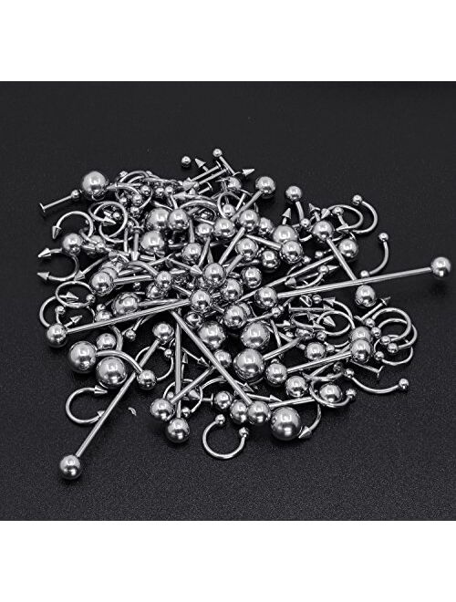 Jstyle 120Pcs Body Jewelry Piercing Lot Stainless Steel Nose Horseshoe Lip Tongue Eyebrow Tragus Body Piercing Navel Belly Ring Barbells 14G-16G