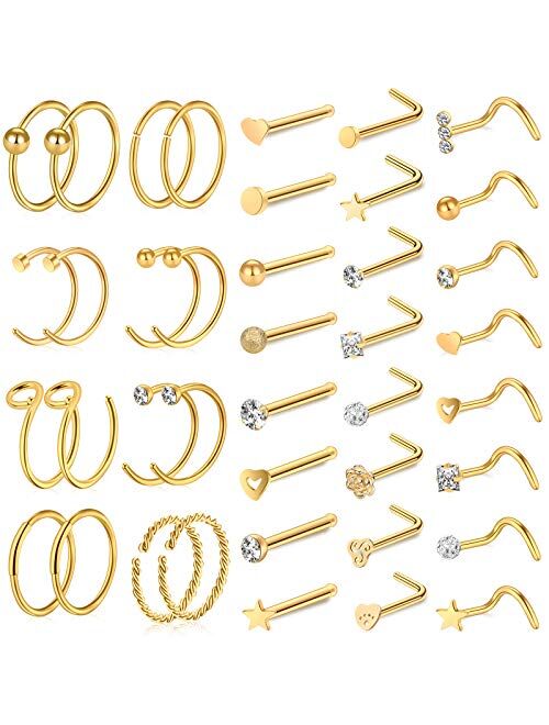 ONESING 40-51 PCS 20G Nose Rings for Women Nose Piercings Jewelry Nose Rings Hoops Nose Studs Screw 316L Stainless Steel for Women Men