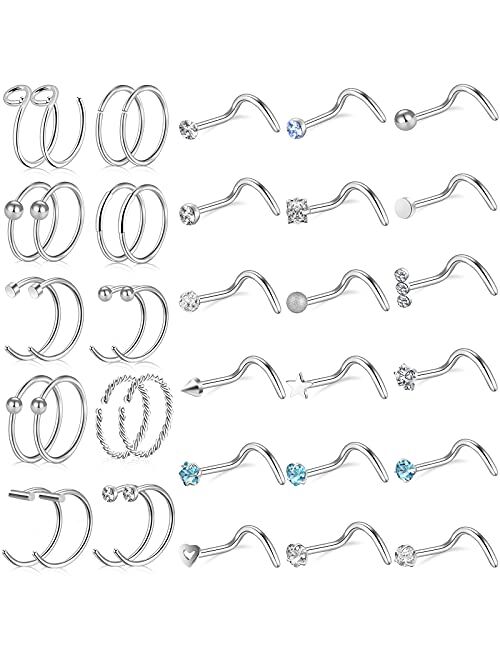 ONESING 40-51 PCS 20G Nose Rings for Women Nose Piercings Jewelry Nose Rings Hoops Nose Studs Screw 316L Stainless Steel for Women Men