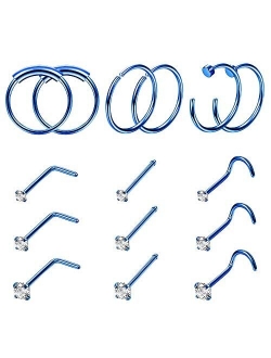 FINREZIO 15PCS 22G Surgical Steel Nose Rings Hoop Studs Cartilage Earrings Body Piercing Jewelry 1.5mm 2mm 2.5mm CZ