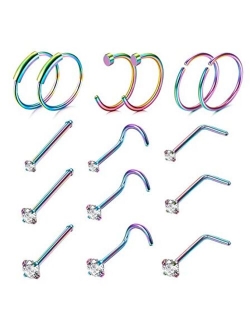 FINREZIO 15PCS 22G Surgical Steel Nose Rings Hoop Studs Cartilage Earrings Body Piercing Jewelry 1.5mm 2mm 2.5mm CZ