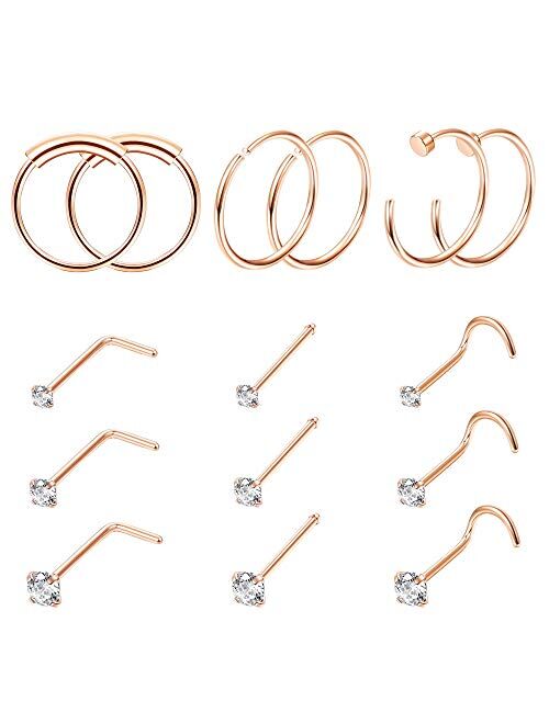 FINREZIO 15PCS 22G Surgical Steel Nose Rings Hoop Studs Cartilage Earrings Body Piercing Jewelry 1.5mm 2mm 2.5mm CZ