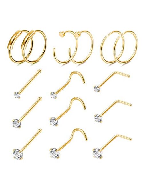 FINREZIO 15PCS 22G Surgical Steel Nose Rings Hoop Studs Cartilage Earrings Body Piercing Jewelry 1.5mm 2mm 2.5mm CZ