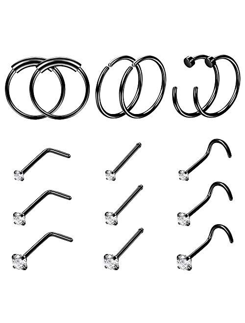 FINREZIO 15PCS 22G Surgical Steel Nose Rings Hoop Studs Cartilage Earrings Body Piercing Jewelry 1.5mm 2mm 2.5mm CZ