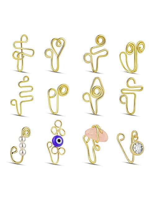 UNE DOUCE 12 Pcs African Nose Cuff Non Piercing, Clip On Nose Ring for Women, 14k Gold Plating Nose Ring Cuffs Set, Evil Eye, Crystal, Pearl Nose Cuffs, Fake Nose Cuff fo