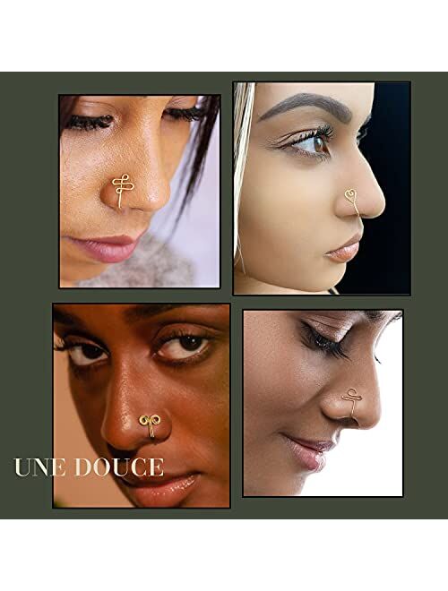 UNE DOUCE 12 Pcs African Nose Cuff Non Piercing, Clip On Nose Ring for Women, 14k Gold Plating Nose Ring Cuffs Set, Evil Eye, Crystal, Pearl Nose Cuffs, Fake Nose Cuff fo