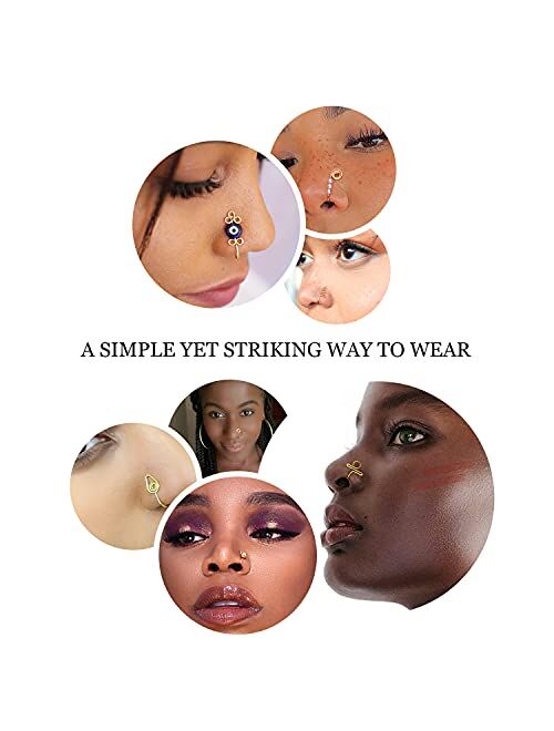 UNE DOUCE 12 Pcs African Nose Cuff Non Piercing, Clip On Nose Ring for Women, 14k Gold Plating Nose Ring Cuffs Set, Evil Eye, Crystal, Pearl Nose Cuffs, Fake Nose Cuff fo