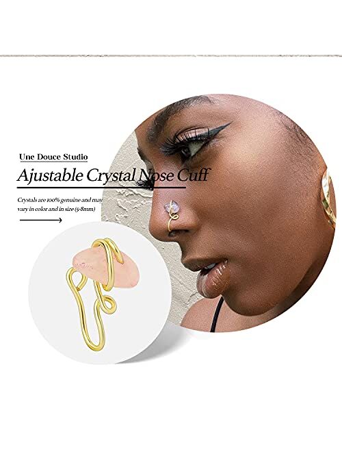 UNE DOUCE 12 Pcs African Nose Cuff Non Piercing, Clip On Nose Ring for Women, 14k Gold Plating Nose Ring Cuffs Set, Evil Eye, Crystal, Pearl Nose Cuffs, Fake Nose Cuff fo