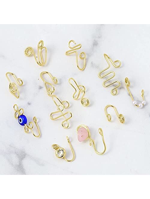 UNE DOUCE 12 Pcs African Nose Cuff Non Piercing, Clip On Nose Ring for Women, 14k Gold Plating Nose Ring Cuffs Set, Evil Eye, Crystal, Pearl Nose Cuffs, Fake Nose Cuff fo