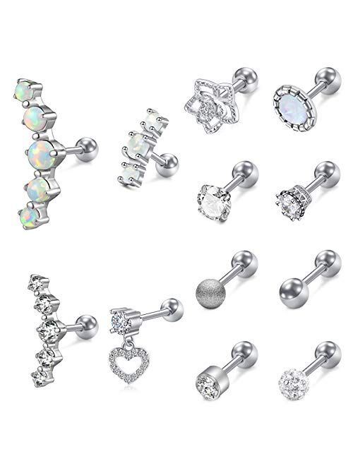 Incaton 12Pcs 16G Stainless Steel Cartilage Cubic Zirconia Stud Earrings for Men Women Girls Conch Forward Helix Tragus Daith Piercing Jewelry