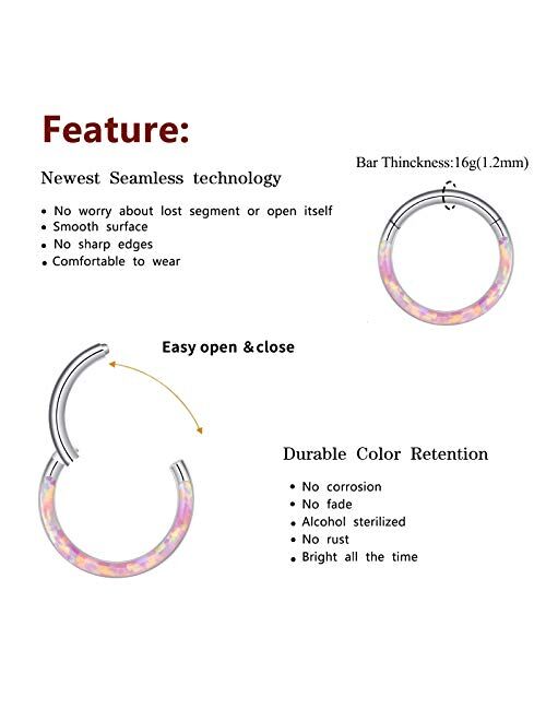 CICIMOTO Septum Jewelry Daith Earring Opal CZ 16g 316L Surgical Steel Hinged Segment Nose Ring Hoop Septum Clicker Helix Cartilage Tragus Piercing Jewelry for Women