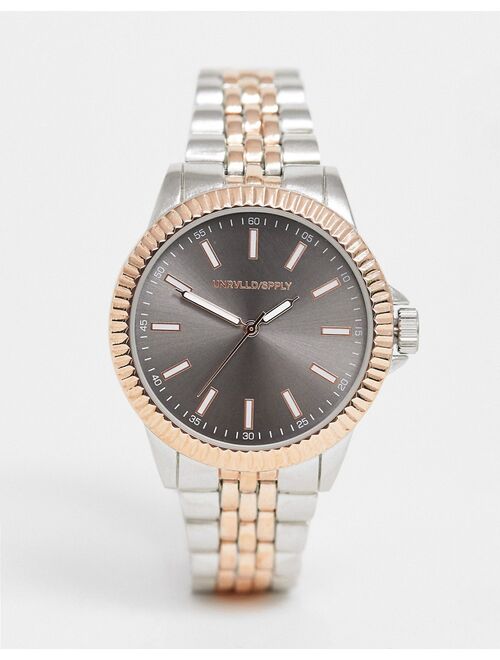 Asos Design bracelet watch with rose gold detail in silver tone