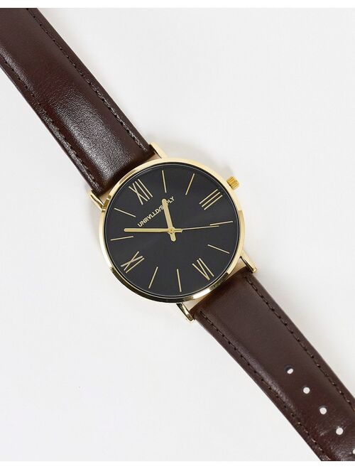 Asos Design classic watch with rose gold accents and leather strap in brown