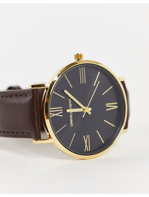 Asos Design classic watch with rose gold accents and leather strap in brown