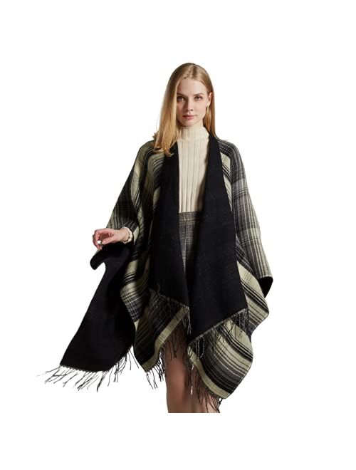 QBSM Women's Shawl Wrap Poncho Ruana Cape Open Front Cardigan Blanket Wraps for Fall and Winter