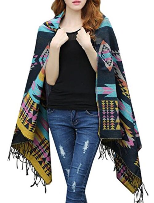 Futurino Women's Bohemian Aztec Print Blanket Poncho Hoodie Cape Shawl with Tassels