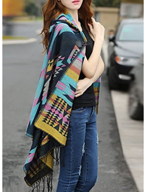 Futurino Women's Bohemian Aztec Print Blanket Poncho Hoodie Cape Shawl with Tassels