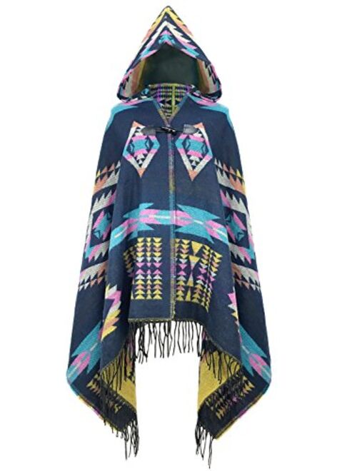 Futurino Women's Bohemian Aztec Print Blanket Poncho Hoodie Cape Shawl with Tassels