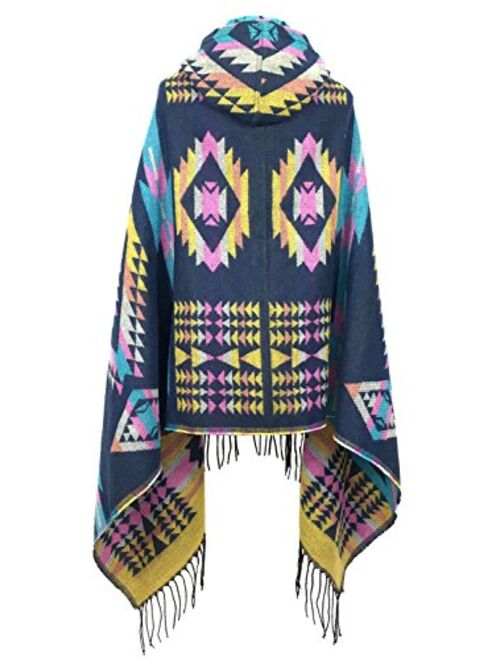 Futurino Women's Bohemian Aztec Print Blanket Poncho Hoodie Cape Shawl with Tassels