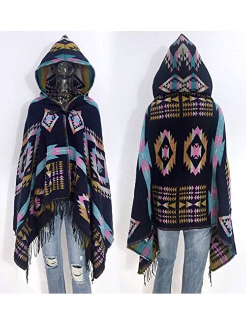 Futurino Women's Bohemian Aztec Print Blanket Poncho Hoodie Cape Shawl with Tassels