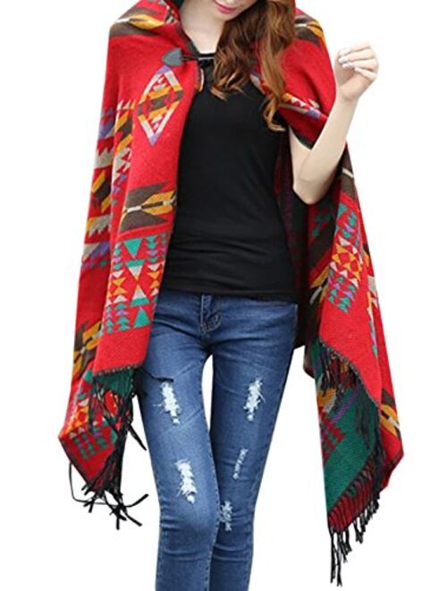 Futurino Women's Bohemian Aztec Print Blanket Poncho Hoodie Cape Shawl with Tassels