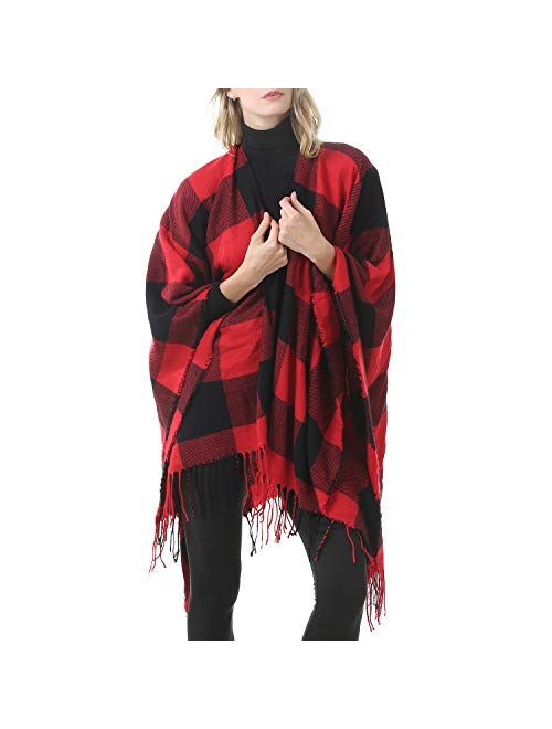 Zando Women's Warm Shawl Wrap Open Front Poncho Cape Color Block Shawls Winter Cardigan Wrap Printed Ponchos for Women 2