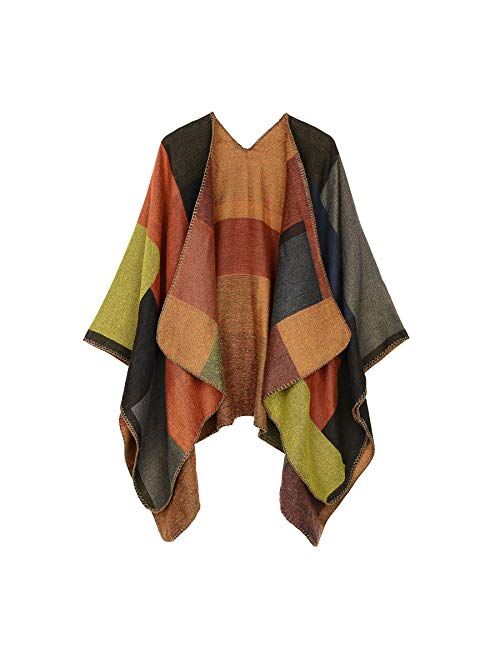 Zando Women's Warm Shawl Wrap Open Front Poncho Cape Color Block Shawls Winter Cardigan Wrap Printed Ponchos for Women 2