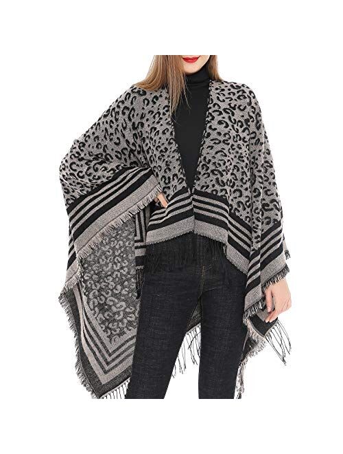 Zando Women's Warm Shawl Wrap Open Front Poncho Cape Color Block Shawls Winter Cardigan Wrap Printed Ponchos for Women 2