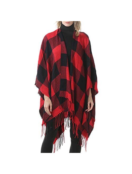 Zando Women's Warm Shawl Wrap Open Front Poncho Cape Color Block Shawls Winter Cardigan Wrap Printed Ponchos for Women 2