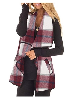 Unidear Womens Casual Lapel Open Front Plaid Vest Cardigan Coat with Pockets