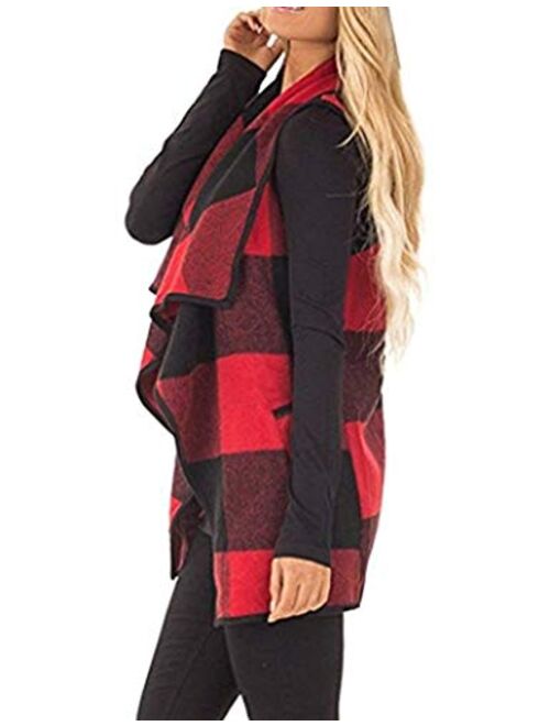 Unidear Womens Casual Lapel Open Front Plaid Vest Cardigan Coat with Pockets