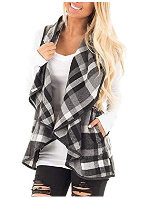 Unidear Womens Casual Lapel Open Front Plaid Vest Cardigan Coat with Pockets