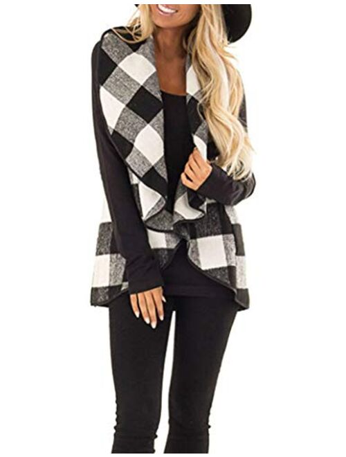 Unidear Womens Casual Lapel Open Front Plaid Vest Cardigan Coat with Pockets