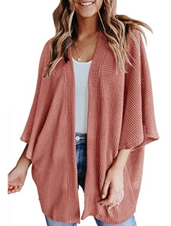 YIBOCK Women's Lightweight Kimono Cardigans Sweater Loose Waffle Knit 3/4 Batwing Sleeve Beach Cover Up