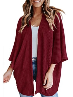 YIBOCK Women's Lightweight Kimono Cardigans Sweater Loose Waffle Knit 3/4 Batwing Sleeve Beach Cover Up